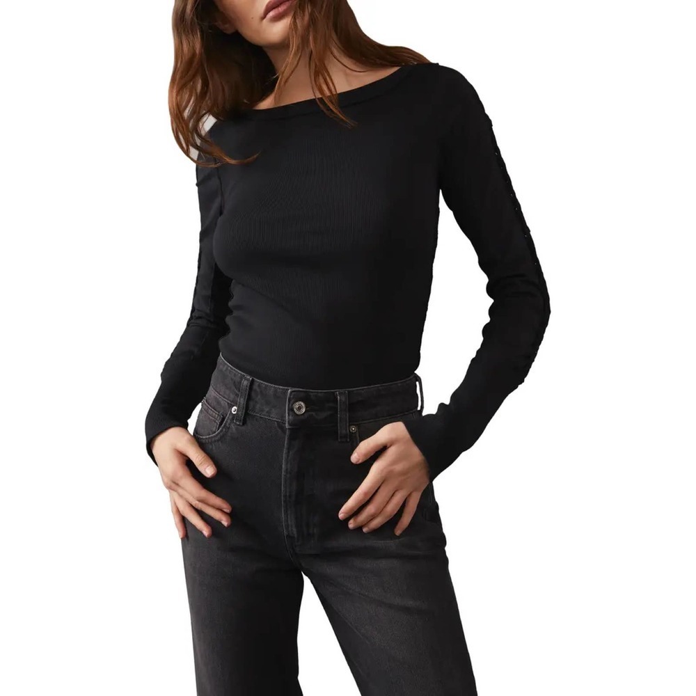 Free People We the Free Daisy Ribbed Braided Cotton T-Shirt in Black Size M